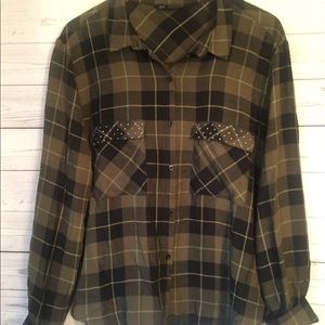 Zara Army Green Plaid Button Down Collared Shirt